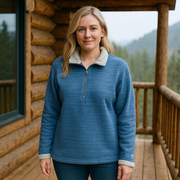 Kuhl Blue Quarter Zip Mock Neck Sherpa Lined Fleece Pullover Cabincore Hiking L - Picture 1 of 12